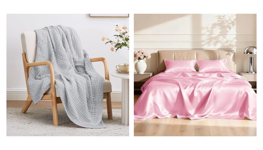 A cotton muslin blanket over a chair, and a satin sheet set