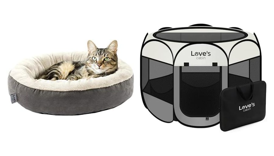 A round donut pet bed and a folding pet playpen